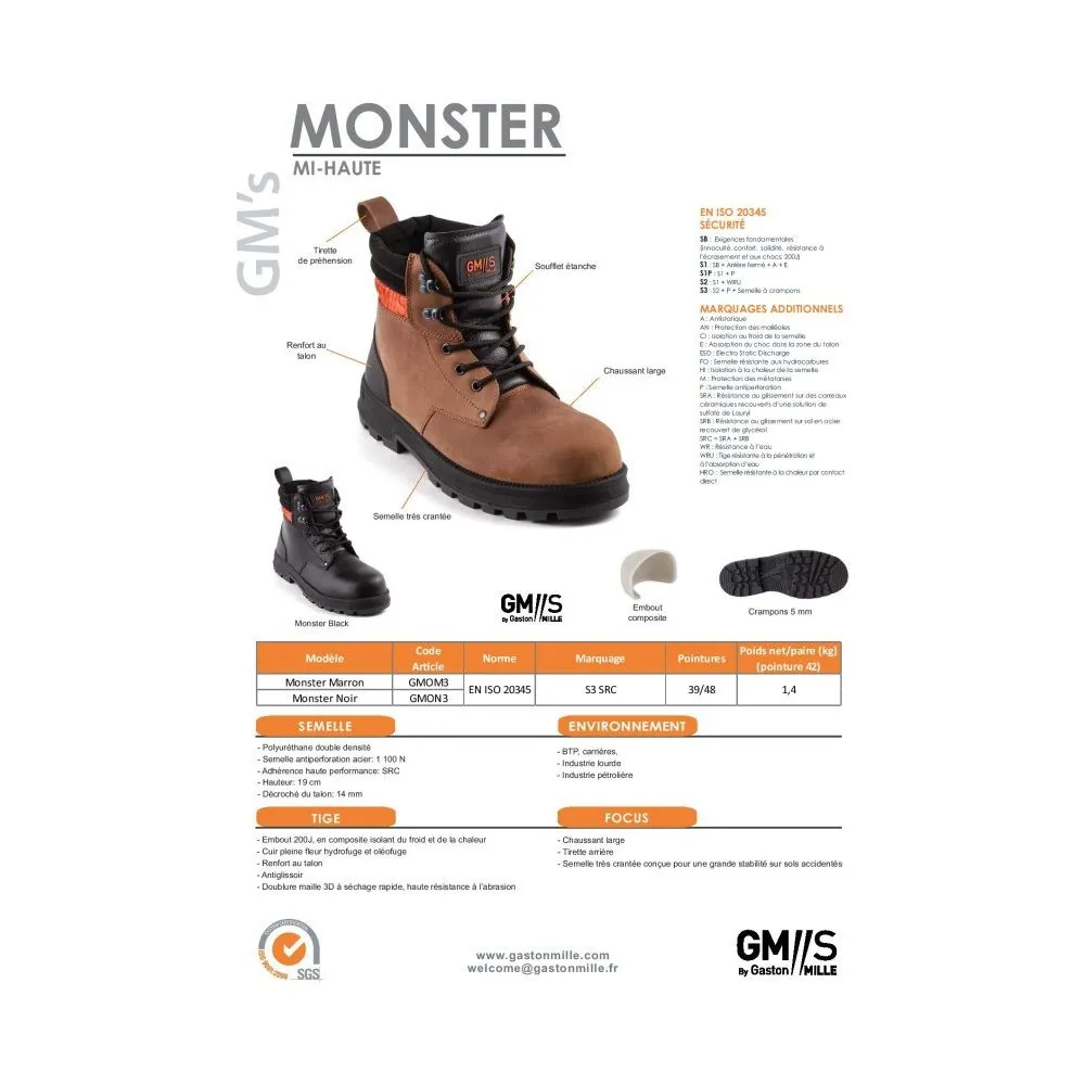Gaston Mille darbo batai MONSTER Brown S3 SRC | Glove.lt