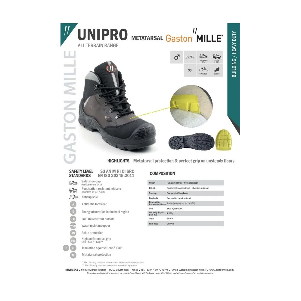 Darbiniai apsauginiai batai Gaston Mille Unipro Metatarsal S3 AN M HI CI SRC | Glove.lt