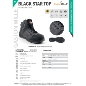 Lengvi ir patogūs apsauginiai batai Gaston Mille Black Star Top S3 SRC ESD | Glove.lt