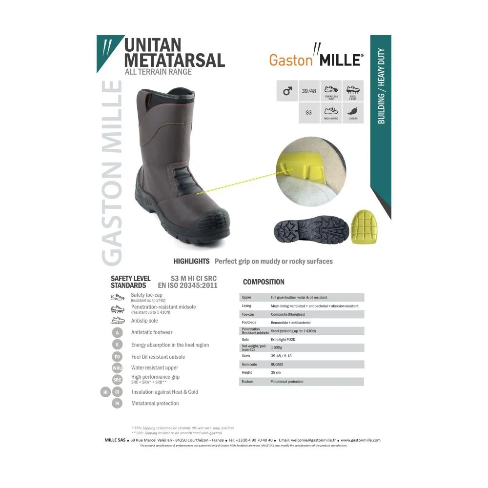 Darbiniai apsauginiai batai Gaston Mille Unitan Metatarsal S3 M HI CI SRC | Glove.lt