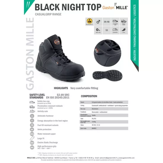 Lengvi ir patogūs Gaston Mille darbo batai Black Night Top S3 AN SRC ESD Darbo Batai, Auliniai Batai, Automechanikams, Avalynė Automechanikams nuotrauka