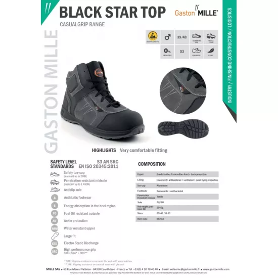 Lengvi ir patogūs apsauginiai batai Gaston Mille Black Star Top S3 SRC ESD Darbo Batai, Darbo pusbačiai, Automechanikams, Avalynė Automechanikams nuotrauka